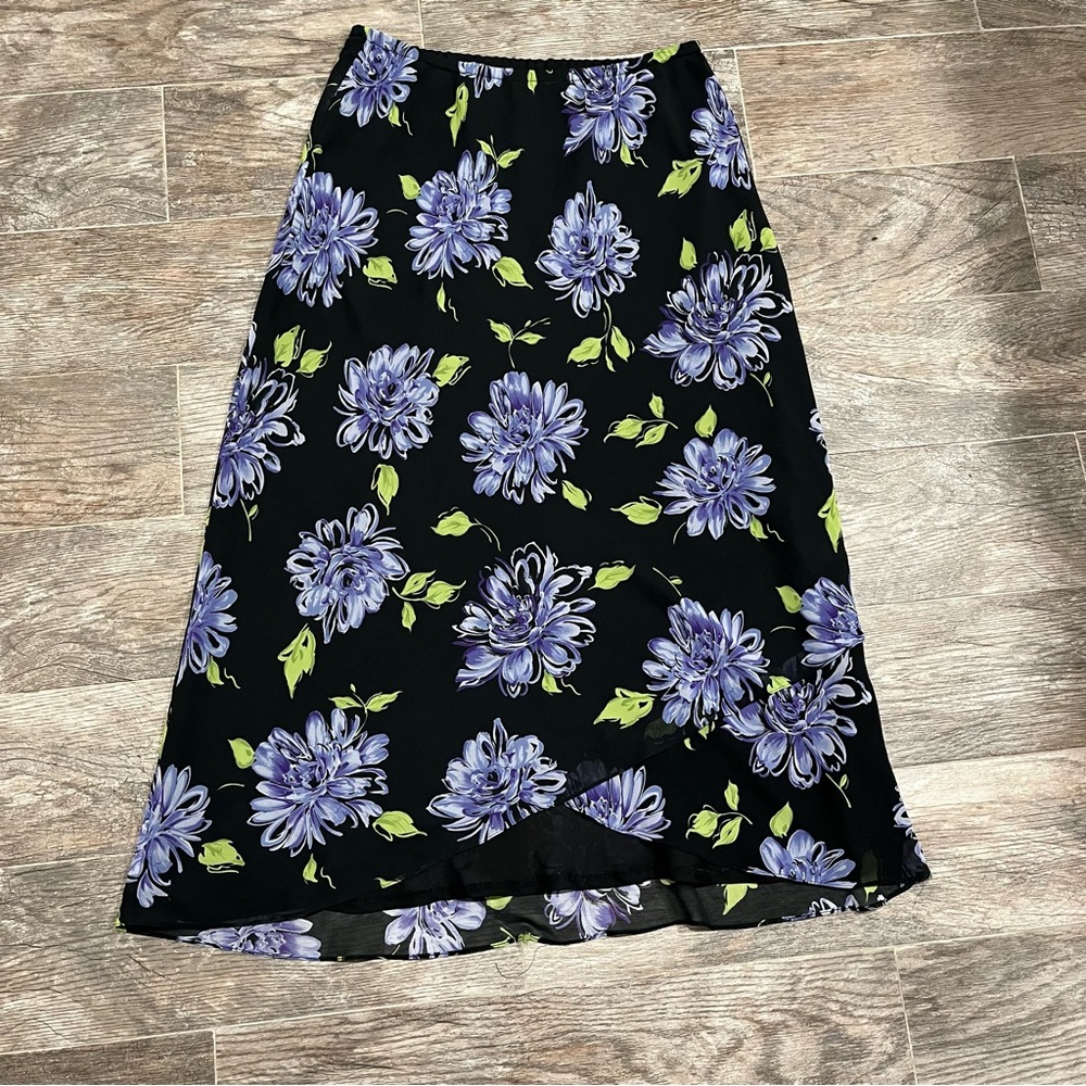 Floral Midi Skirt in Black with Blue Blooms